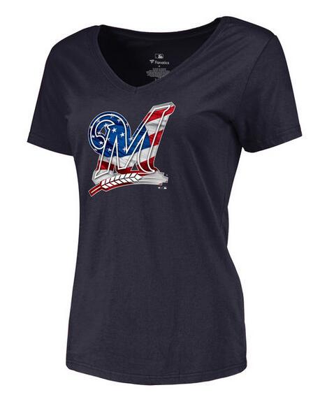 2020 MLB Women Milwaukee Brewers Navy Banner Wave Slim Fit TShirt